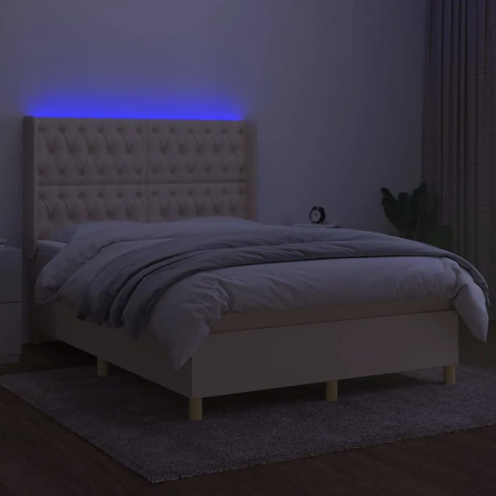 Letto a molle con materasso e led crema 140x190 cm in tessuto