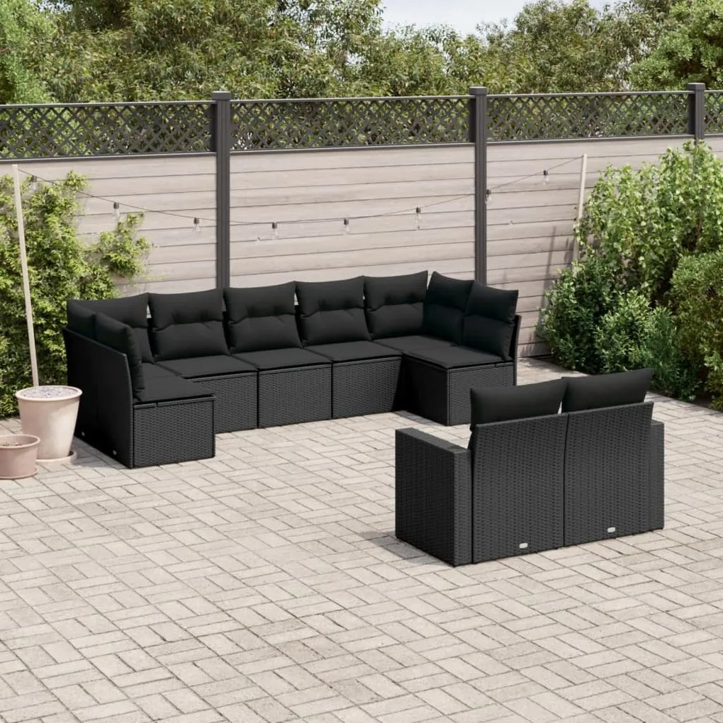 Set divani da giardino 9 pz con cuscini nero in polyrattan