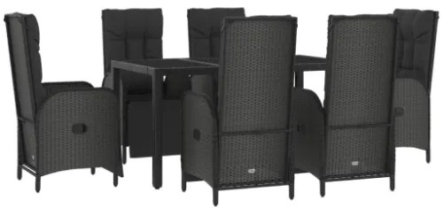 Set da Pranzo Giardino 7pz Nero e Grigio con Cuscini Polyrattan