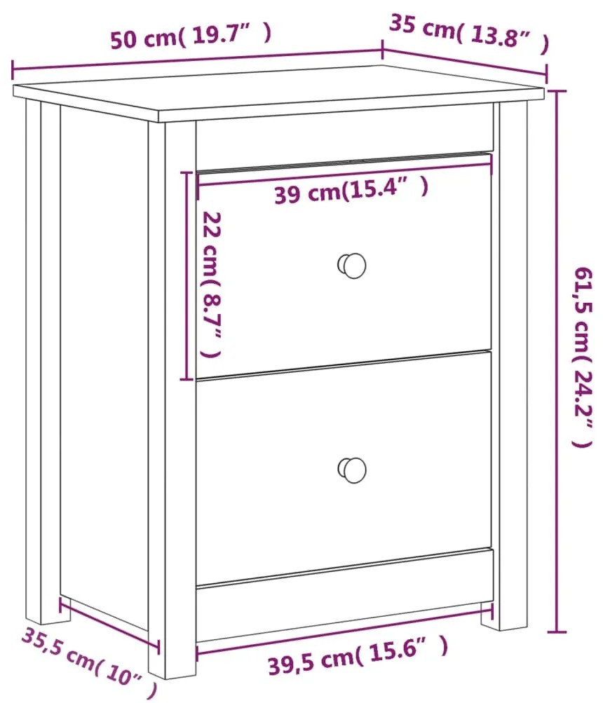 Comodino Nero 50x35x61,5 cm in Legno Massello di Pino