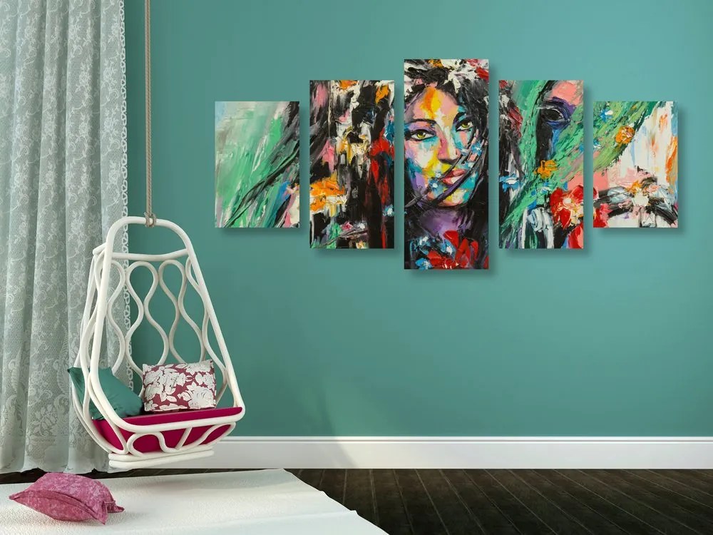 Quadri 5 pezzi – Pittura a olio donna e cavallo