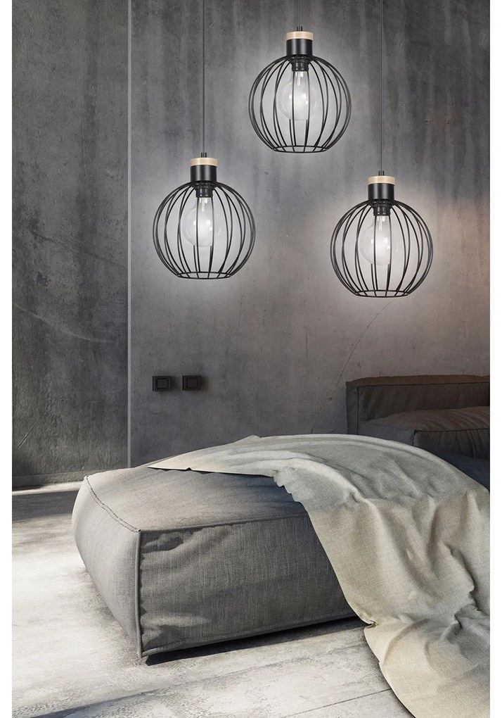 Lampadario 3 Luci Morgana Paralumi A Gabbia In Acciaio Nero E Legno Naturale