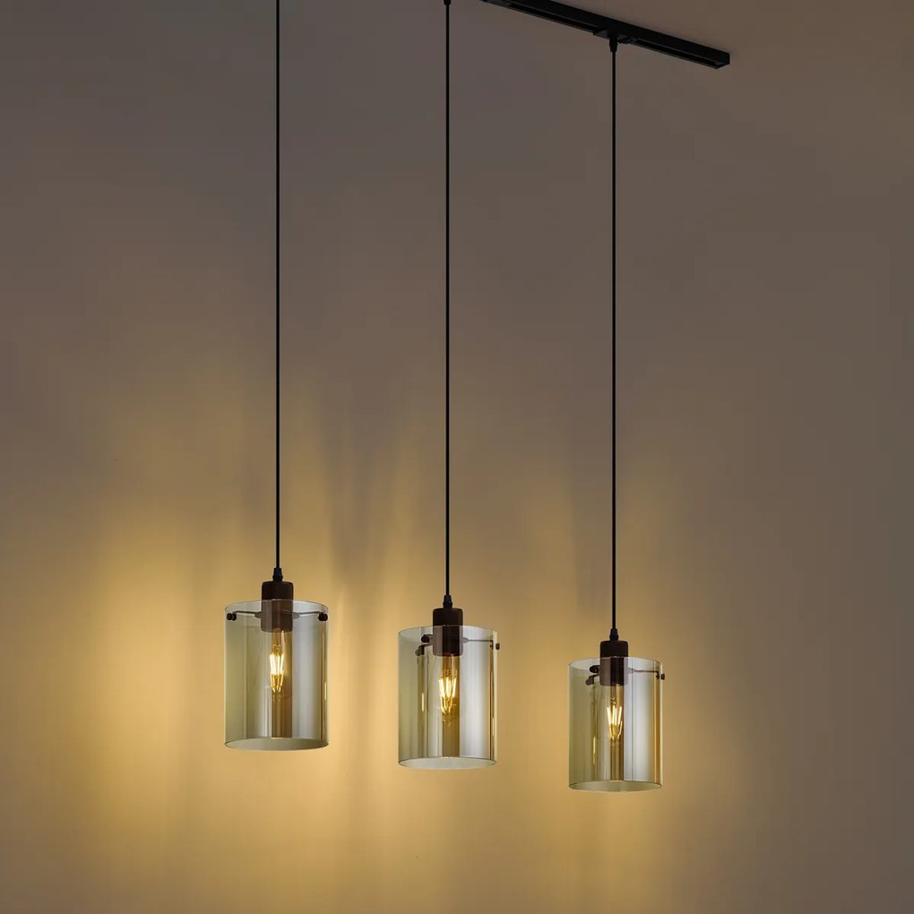 Sistema di illuminazione a binario moderno nero con 3 lampade a sospensione in vetro ambrato monofase - Iconic Dome