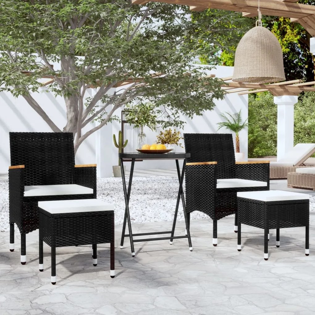 Set Da Bistrot Per Giardino 5pz Polyrattan Vetro Temperato Nero /