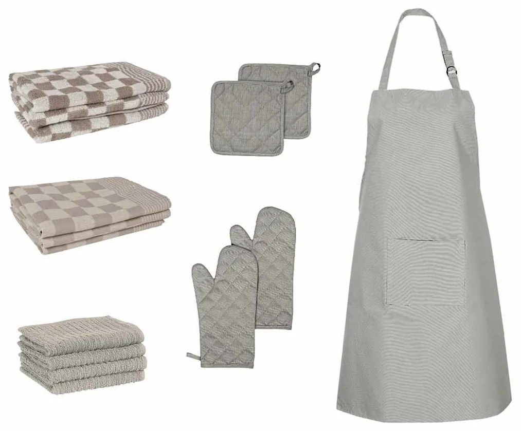 Set Strofinacci 15 Pz Con Guanti Forno E Presine Cotone Grigio /