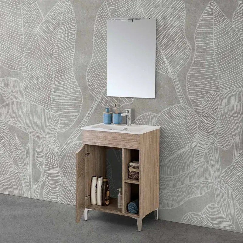 Mobile bagno a terra 60 cm rovere tropea con 1 anta lavabo e specchio Martha