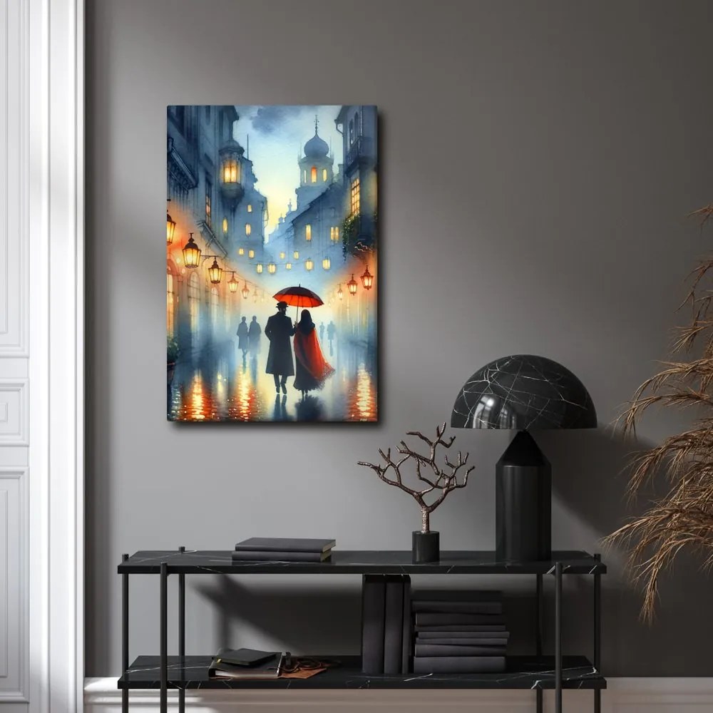 Quadro su tela – Innamorati sotto la pioggia tra edifici storici