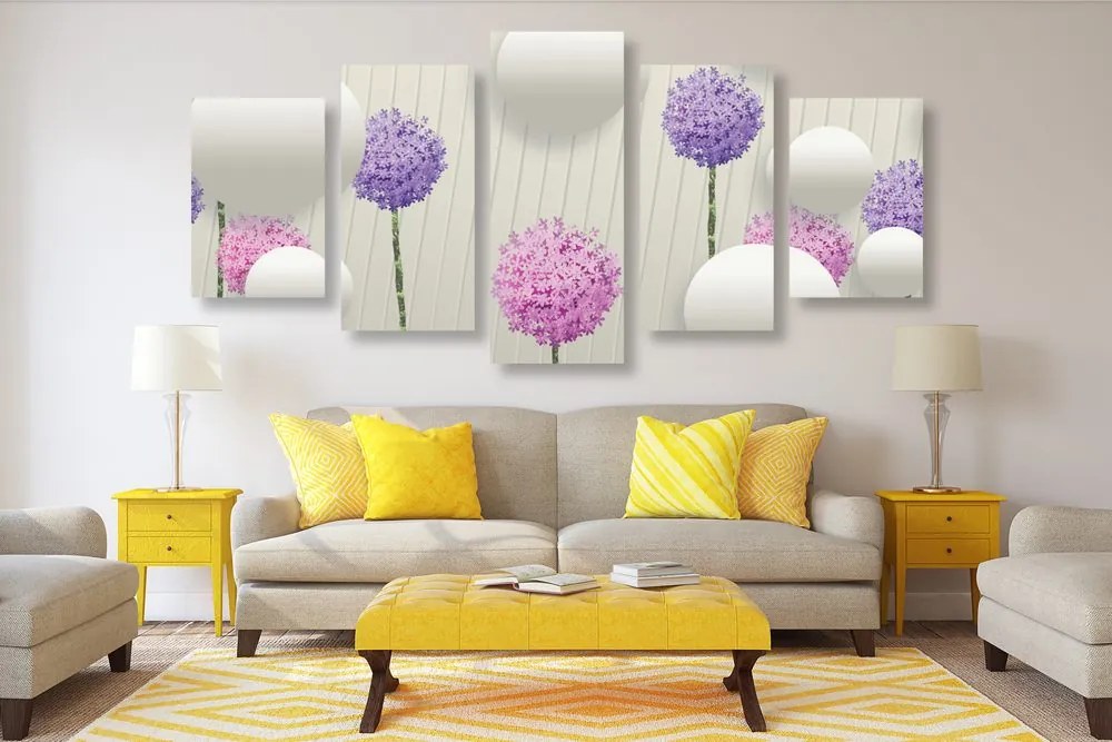 Quadri 5 pezzi – Fiori interessanti con elementi e motivi astratti