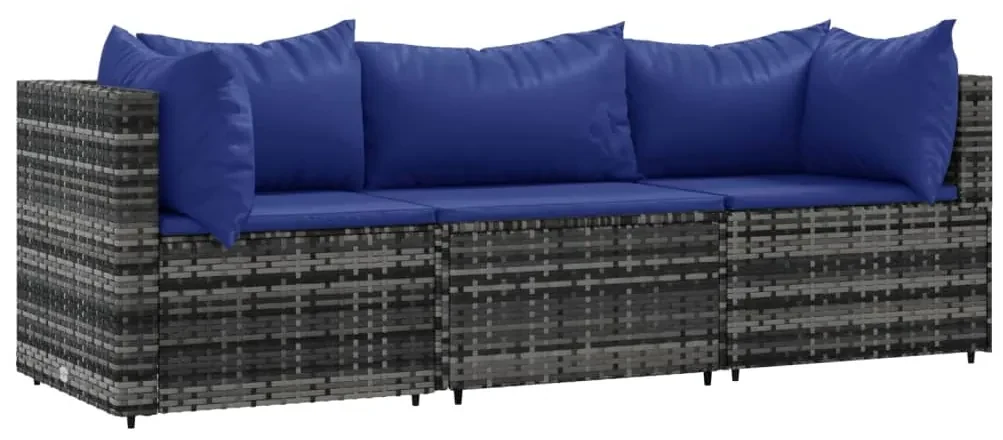 Set divani da giardino 3 pz con cuscini in polyrattan grigio