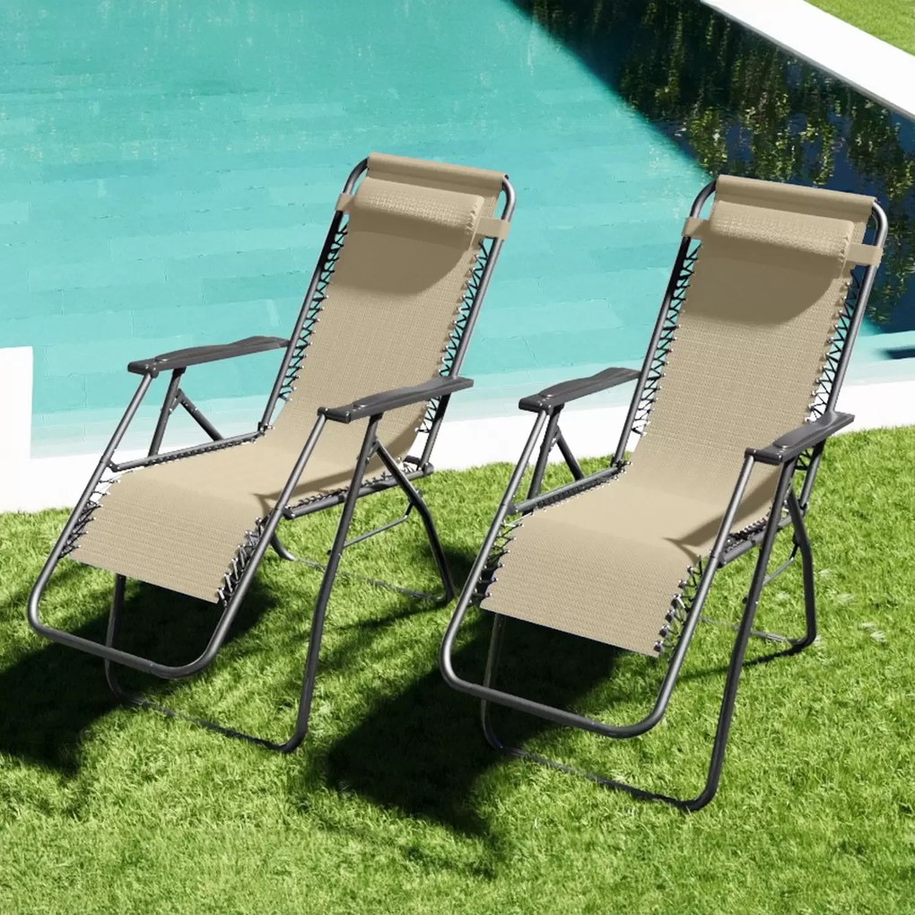 Set Da 2 Sedie Sdraio A Gravit&agrave; Zero Da Giardino Poggiatesta Regolabile Sedia Pieghevole Oscillante Ergonomica Traspirante Zero Gravity Da Esterno Piscina Mare Portata Massima 120 Kg (Beige)