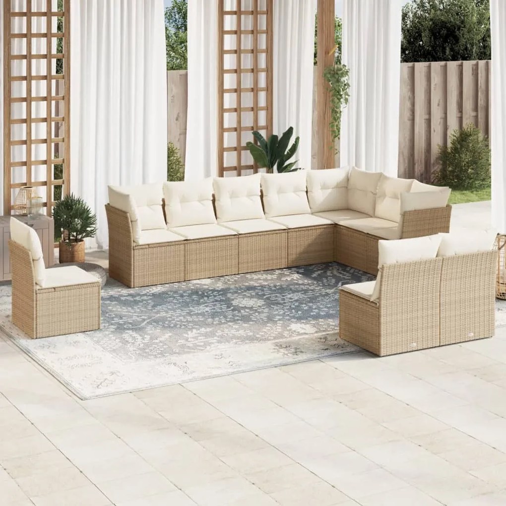 Set divano da giardino 10 pz con cuscini beige in polyrattan