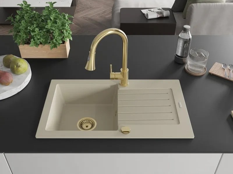 Mexen Pablo lavello in granito a 1 vasca con sgocciolatoio e rubinetto da cucina Elia, beige - 6510-69-670101-50