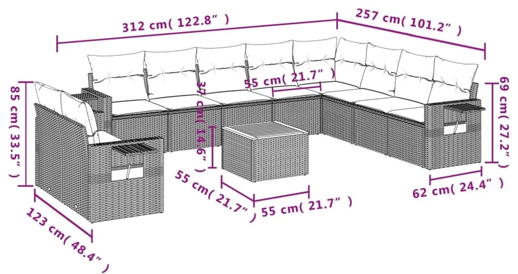 Set divani da giardino 11 pz con cuscini in polyrattan grigio