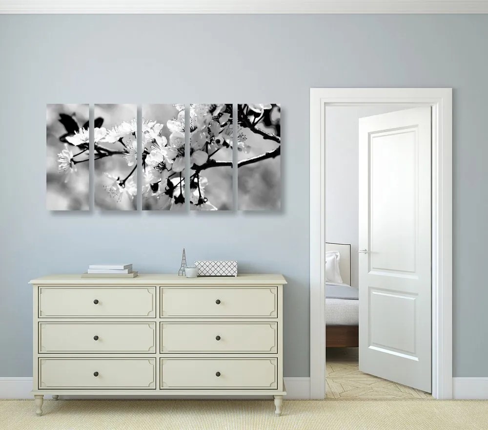 Quadri 5 pezzi – Fiore di ciliegio in bianco e nero