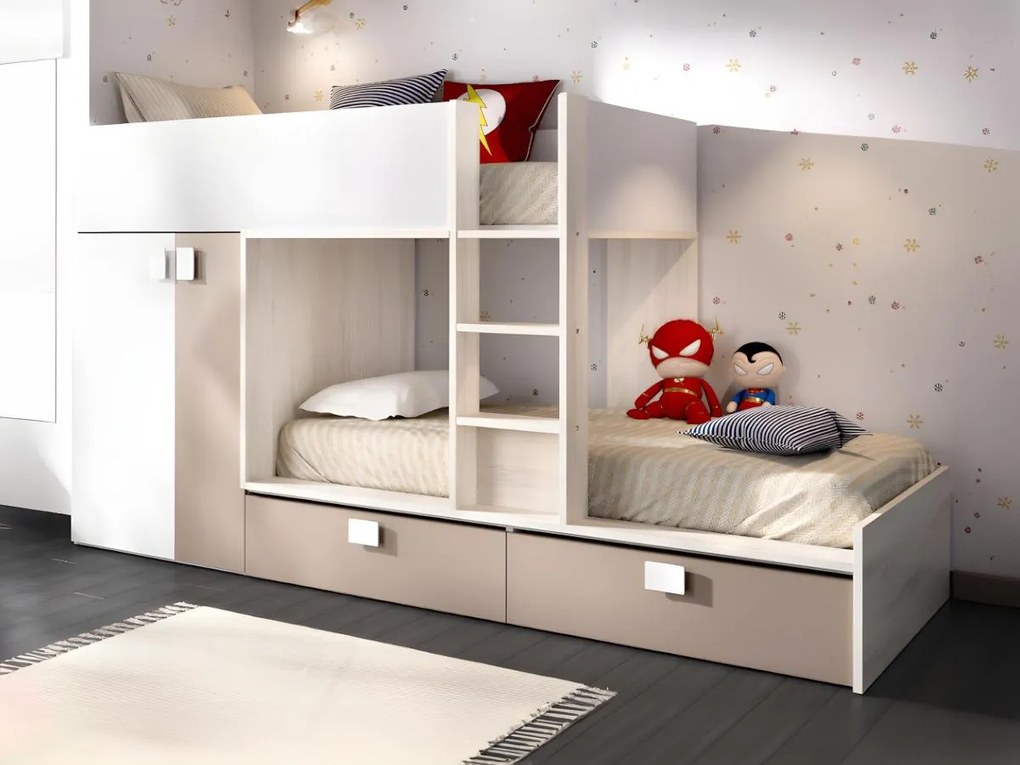 Letto a castello 2 x 90 x 190 cm  - Armadio integrato - Bianco, Naturale e Tortora - JUANITO
