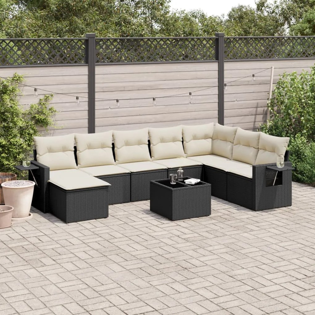 Set divani da giardino 9 pz con cuscini nero in polyrattan