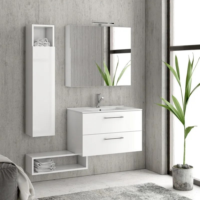 Composizione bagno sospesa 80cm: mobile, specchio contenitore colonna e pensile EL-80A - KAMALU