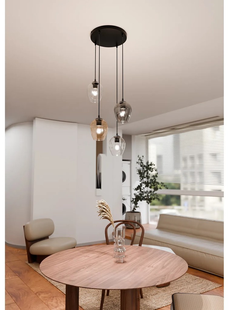Lampadario 4 Luci Fuxi Base Tonda Acciaio Nero E Vetri Ambra Trasparente E Fumè