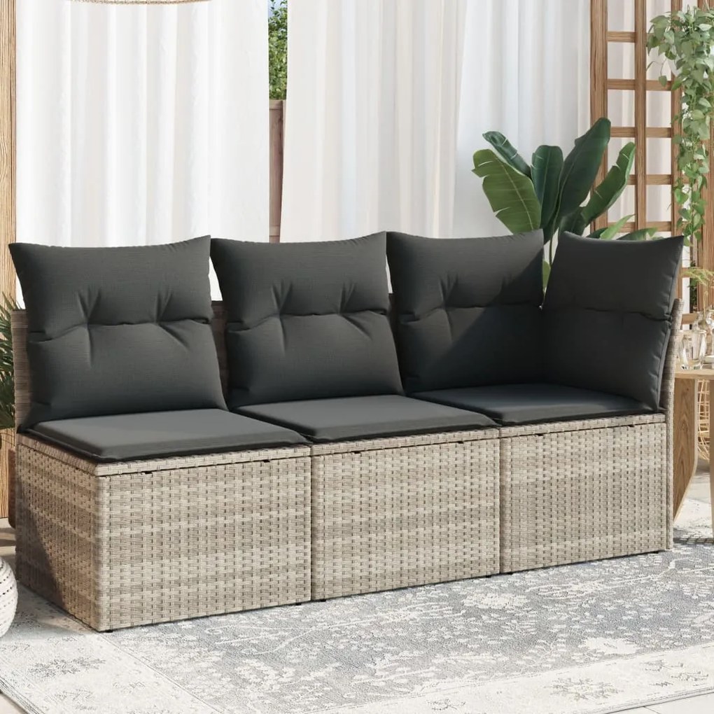 Divano da giardino con cuscini 3 posti grigio chiaro polyrattan