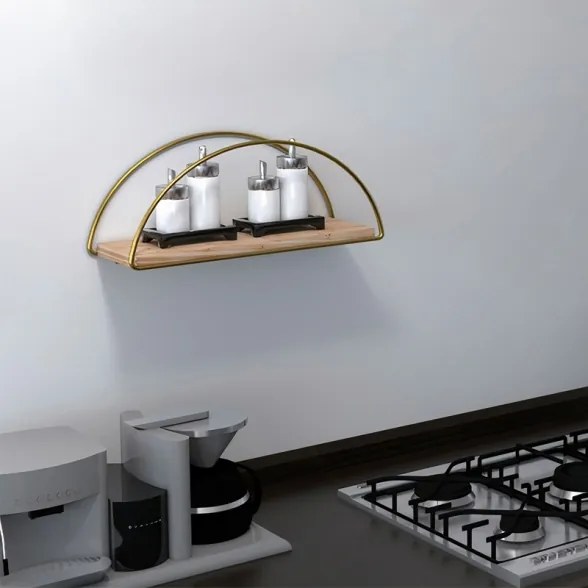 Mensola A Parete Stile Industrial Oro E Legno 41x17x16 Cm Rafi