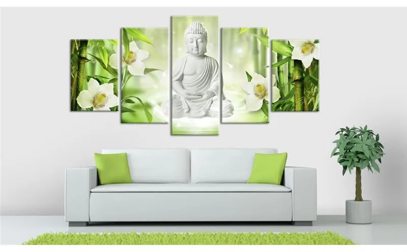 Quadro Buddha e gelsomino  Colore Verde, Dimensioni e Misure 100x50