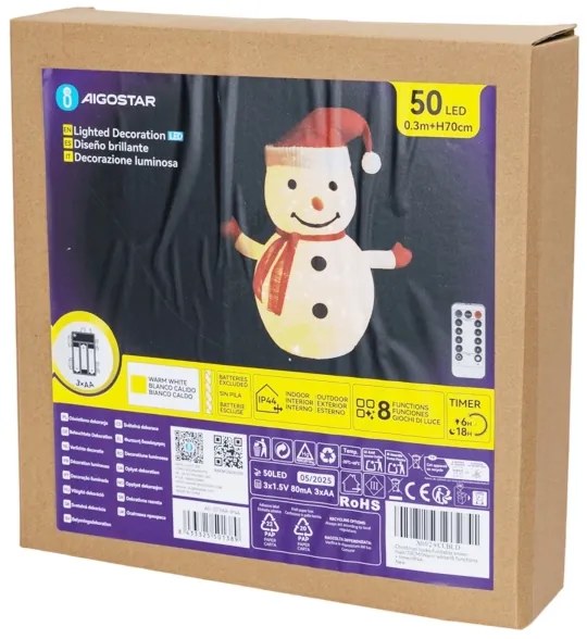Aigostar - Decorazione natalizia LED per esterni 50xLED/3xAA 0,7m IP44 pupazzo di neve
