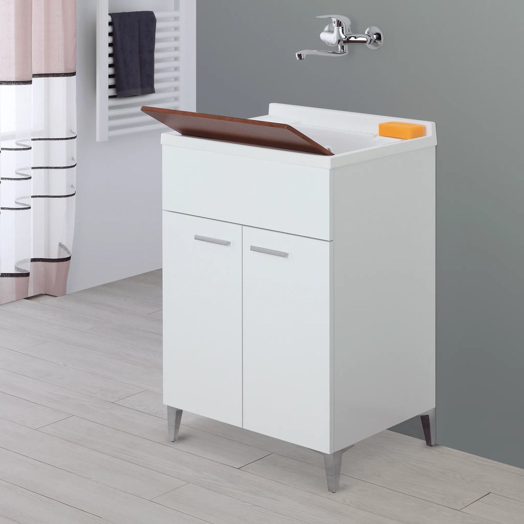 Lavatoio a Terra 60x50 Due Ante Con Vasca Sifone e Tavoletta In Legno Feridras "Stella" Bianco Lucido