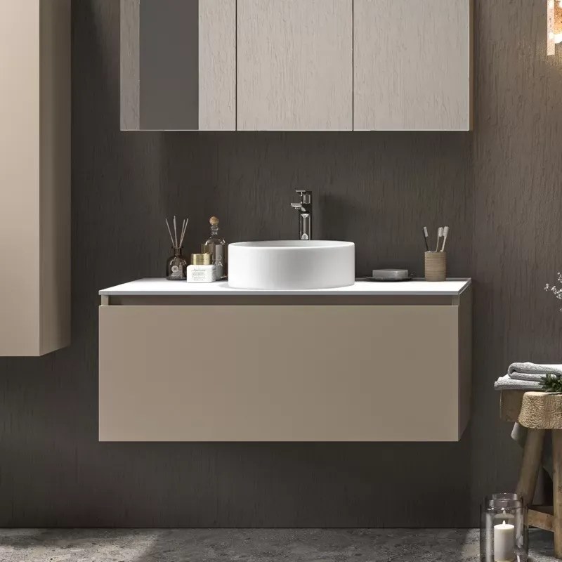 Mobile bagno 100 cm sospeso con piano da appoggio in solid surface bianco SP-100C - KAMALU