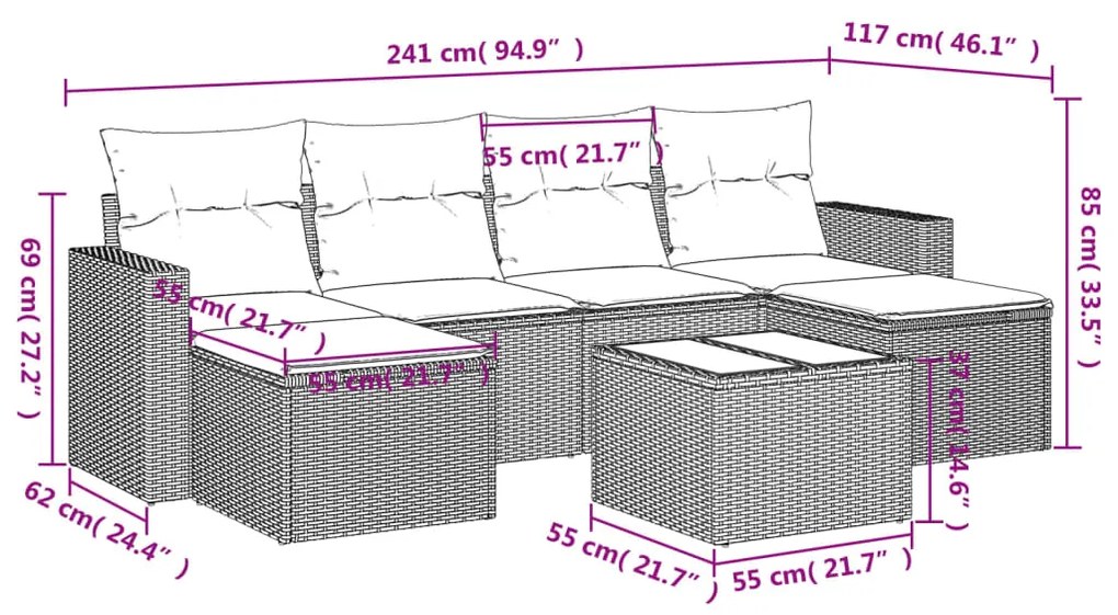 Set divani da giardino 7 pz con cuscini beige in polyrattan