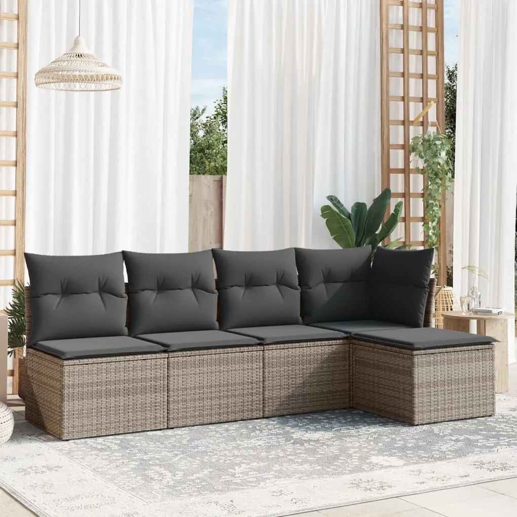 Set Divano da Giardino 5 pz con Cuscini Grigio in Polyrattan