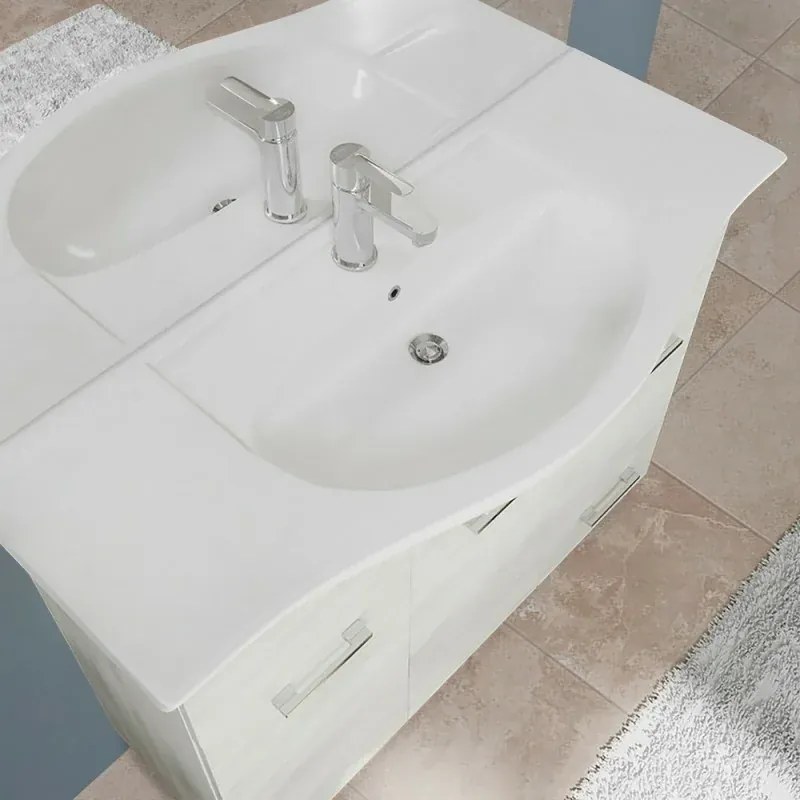 Mobile da Terra 105 cm in rovere bianco completo di specchio con pensile e LED