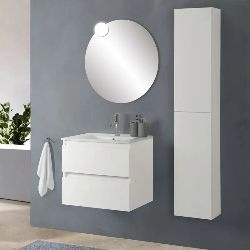 Mobile bagno sospeso 60cm in legno bianco lucido 2 cassettoni con lavabo e specchio Leda