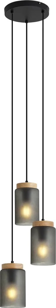 Lampada a sospensione moderna nera con legno e vetro grigio opaco a 3 luci - Umbra