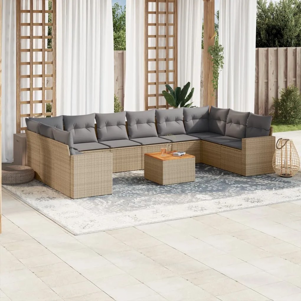 Set divani da giardino 11 pz con cuscini beige in polyrattan