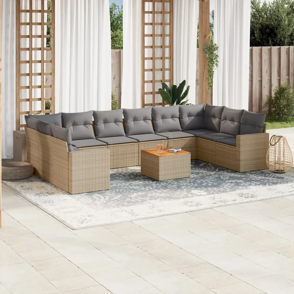 Set divani da giardino 11 pz con cuscini beige in polyrattan