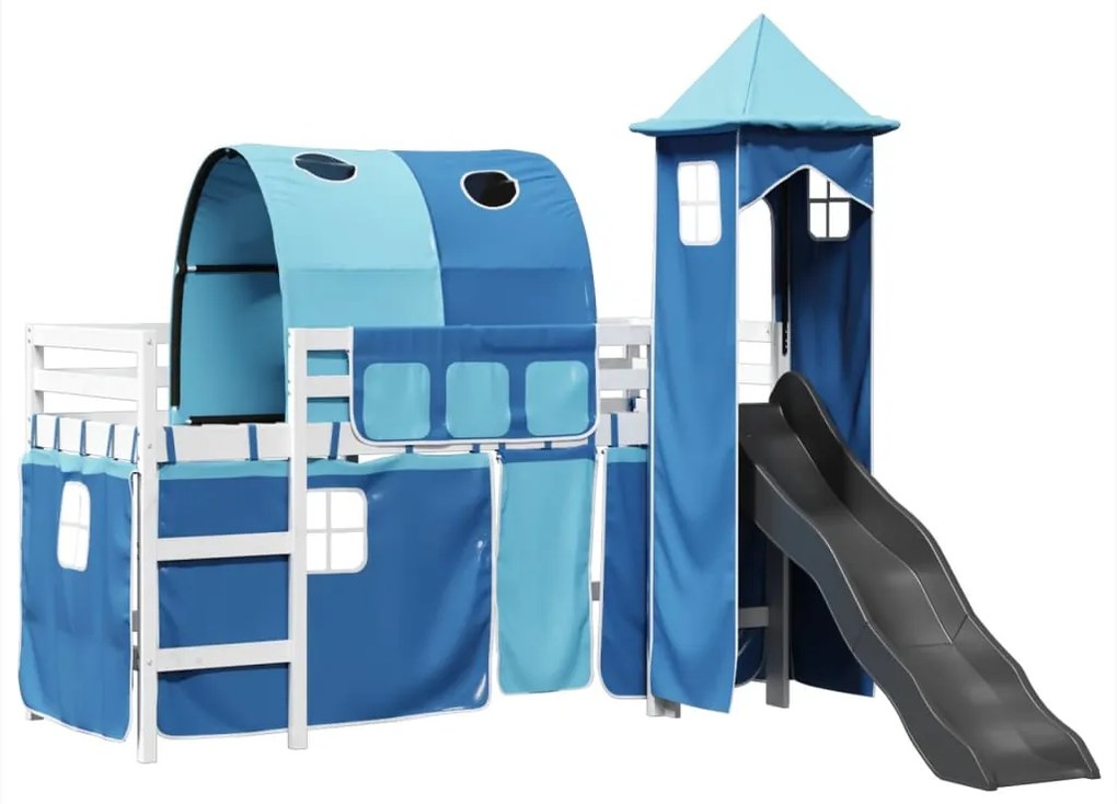 Letto a soppalco con torre bambini blu 80x200cm massello pino