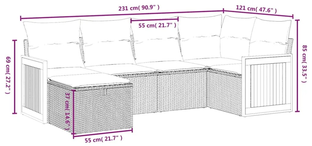 Set divano da giardino 6 pz con cuscini grigio in polyrattan