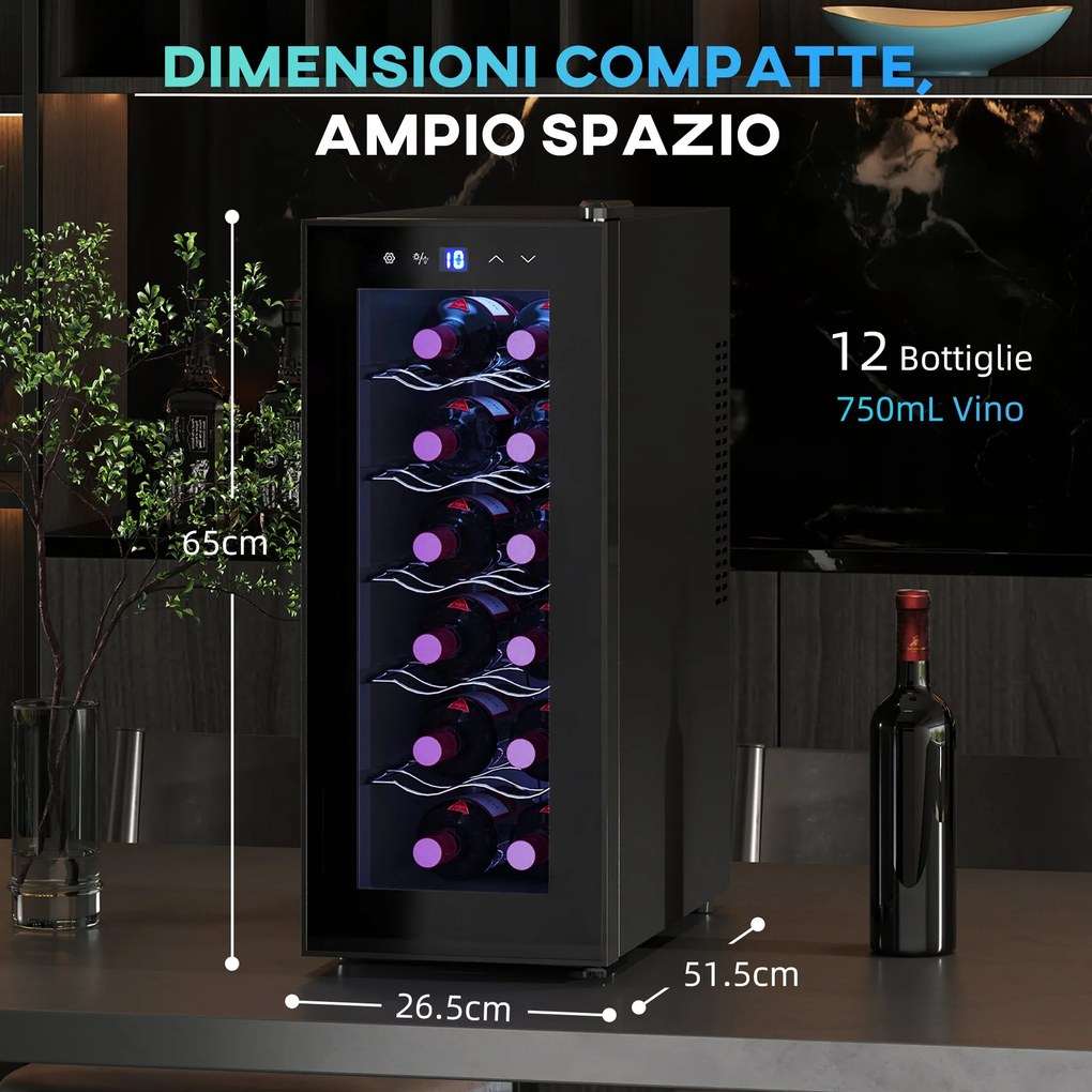 Cantinetta Vino Refrigerata per 12 Bottiglie Doppio Controllo Temperatura Ripiani Regolabili e Luci Nero...