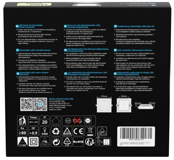 Aigostar - Lampada a incasso LED/12W/230V 4000K 17,5x17,5 cm bianca