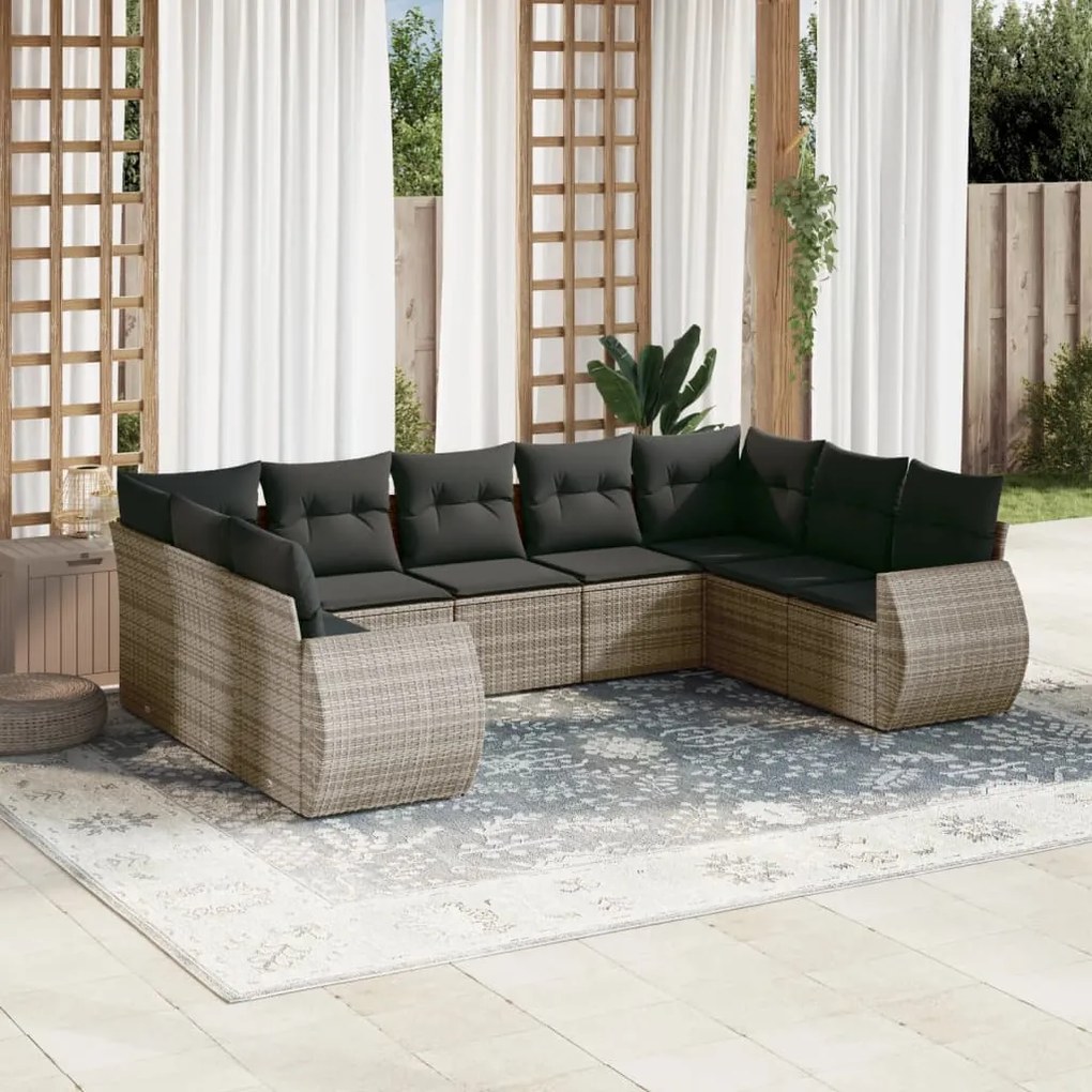 Set divano da giardino 9 pz con cuscini grigio in polyrattan