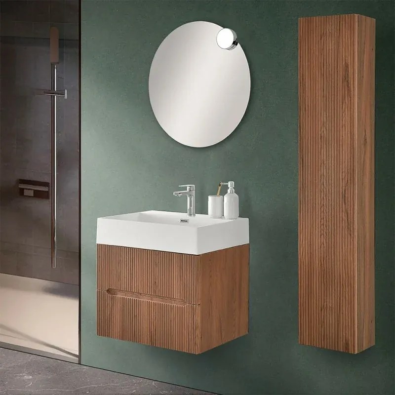 Mobile bagno sospeso cannettato 60 cm noce canaletto con specchio Bali