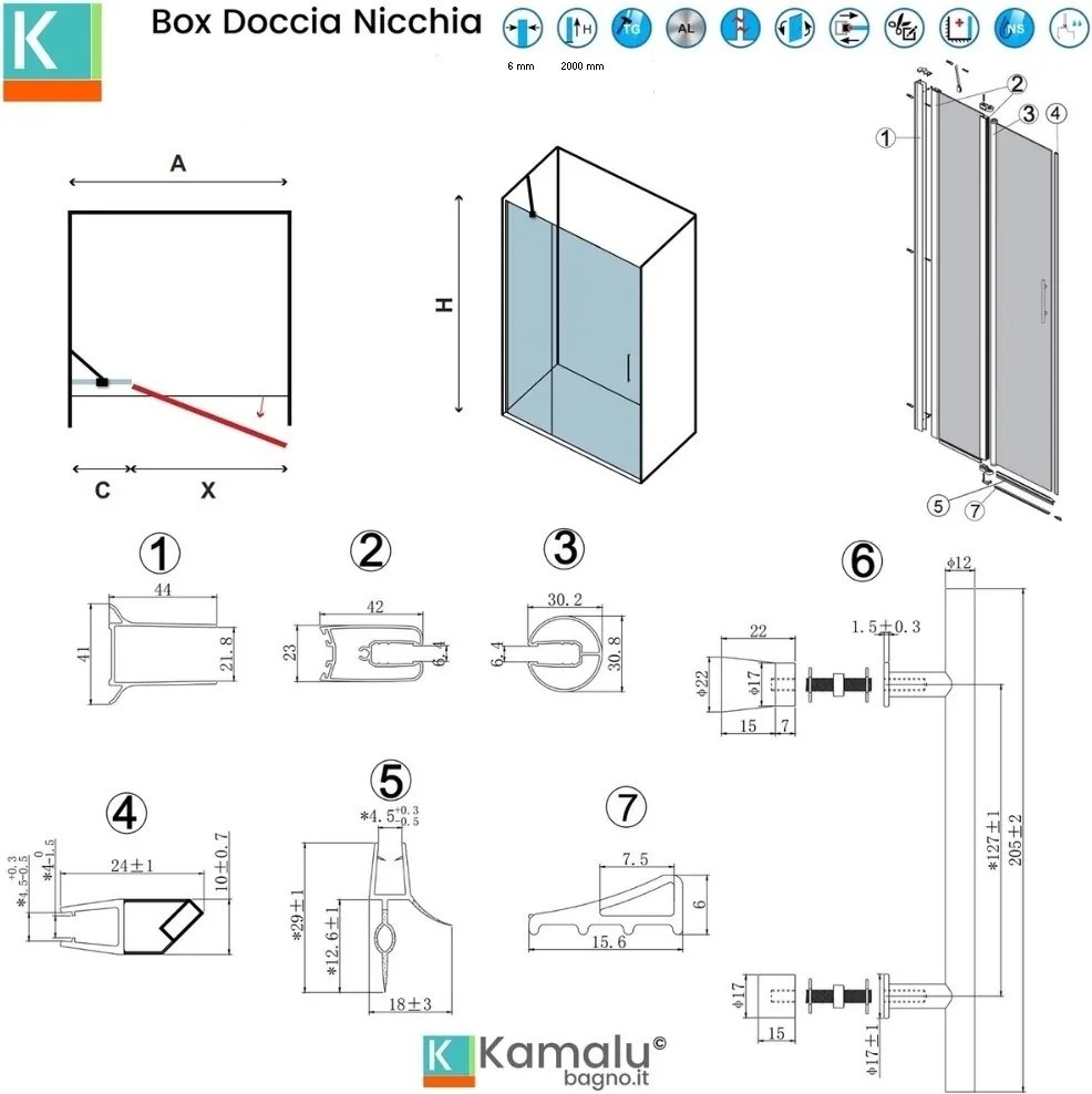 Porta doccia battente 80-85cm e fisso colore nero | KPX4000N - KAMALU