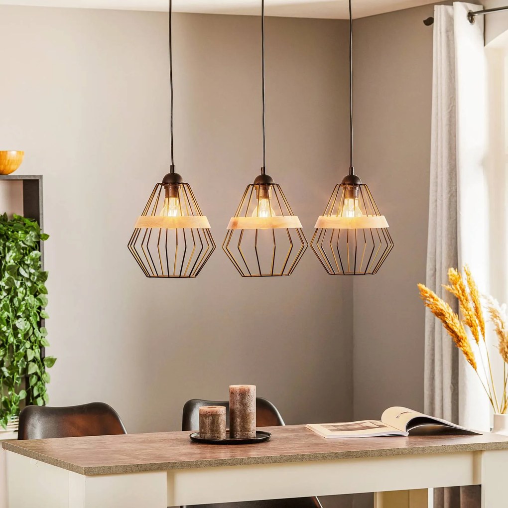 Eko-Light Lampada a sospensione Cliff, tre paralumi a gabbia con nastro in legno