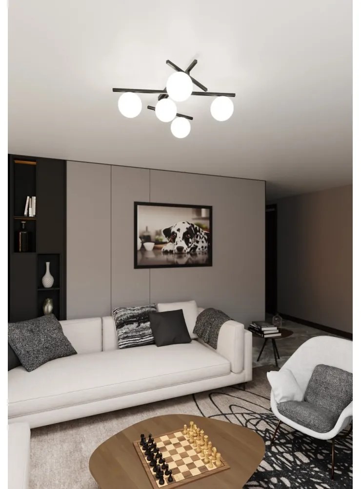Lampadario da Soffitto in Acciaio e Vetro SMART 5 Nero 5xE14 Colore delle Sfere Bianco
