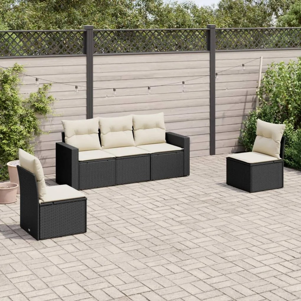 Set divani da giardino 5 pz con cuscini in polyrattan nero