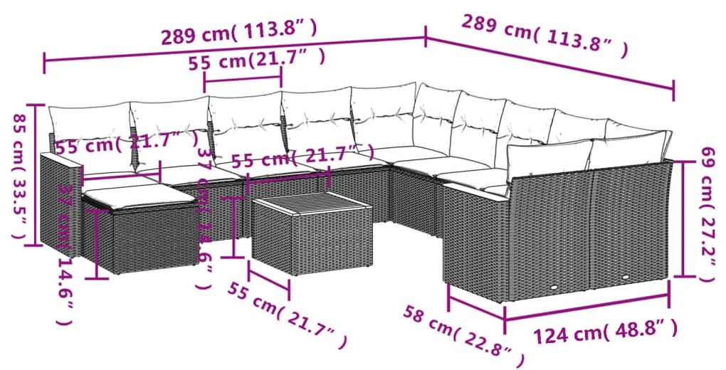 Set divani da giardino 12 pz con cuscini nero in polyrattan