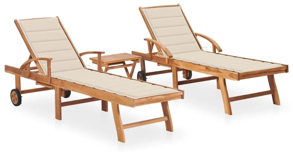 Lettini prendisole 2 pz con tavolo e cuscino massello di teak