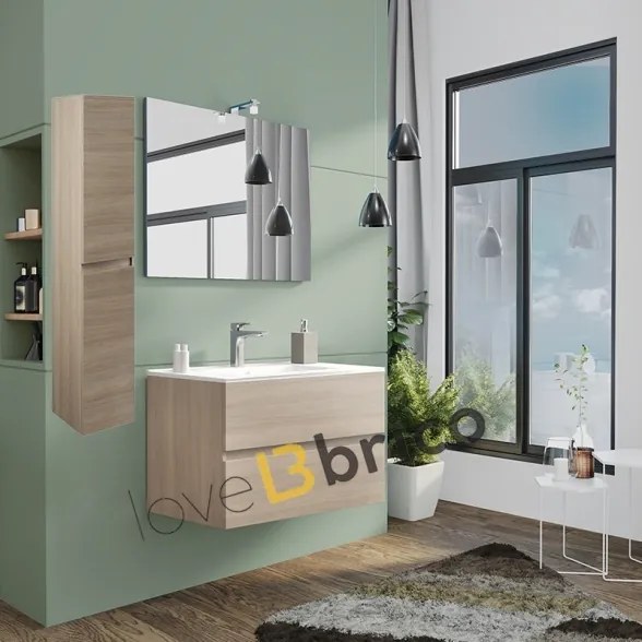 Mobile da bagno sospeso 80 cm con lavabo, colonna, specchio e led rovere fumo