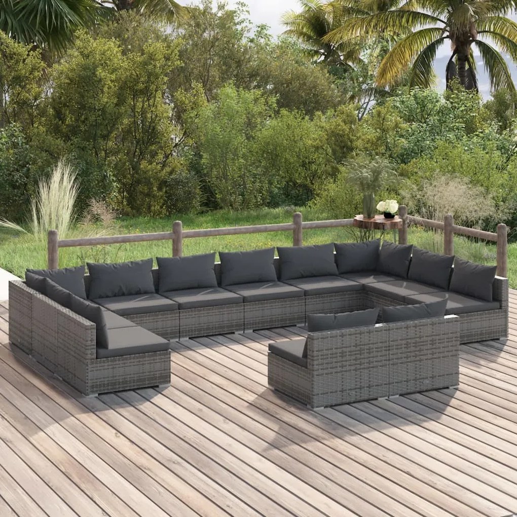 Set Divani da Giardino 12 pz con Cuscini in Polyrattan Grigio