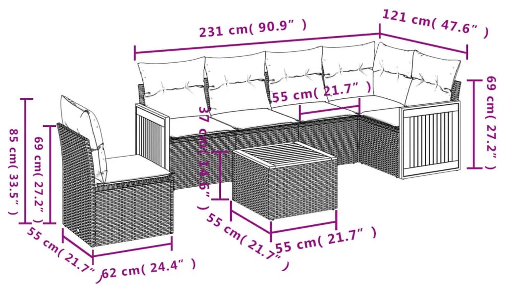 Set Divani da Giardino con Cuscini 7pz Nero Polyrattan